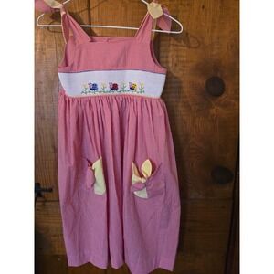 MOM & ME Girls Red Gingham Smocked Ladybug Dress Size 6 Tie Shoulder